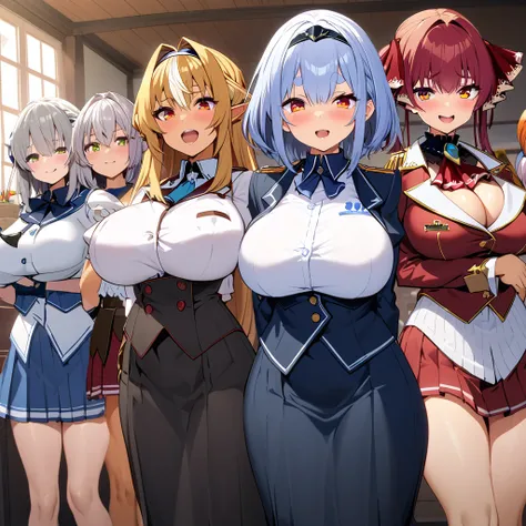 usada pekora,houshou marine,shiranui flare,shirogane noel,4girl,open mouth,,super huge breasts,bosom buddy,looking at viewer,Lined up,standing up,house,in room