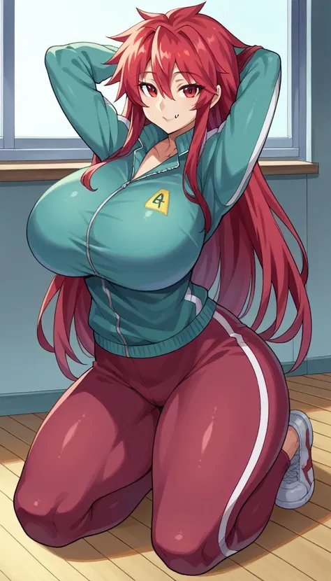 score_9, score_8_up, score_7_up, source_anime, 1girl, solo, 
mari setagaya, human-form, 1girl, solo, long hair, looking at viewer, smile, shirt, red eyes, red hair, fang,
track jacket, indoors, arms behind head, full body, huge round breasts, very thick ro...