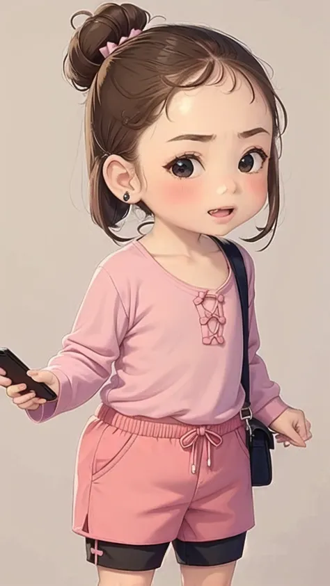 a child with a pink bow holding a smartphone while talking to someone, 1girl, yellow bow, jewelry, solo, earrings, phone,  eyes,...