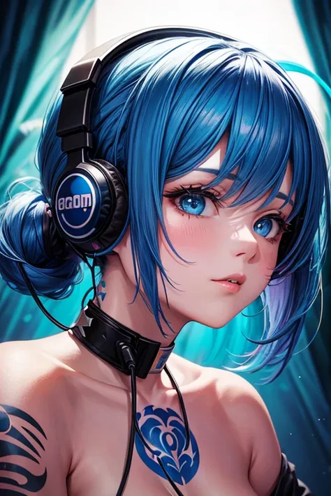 Background bright blue, portrait girl with colorful hair, big headphones, tattoo on neck