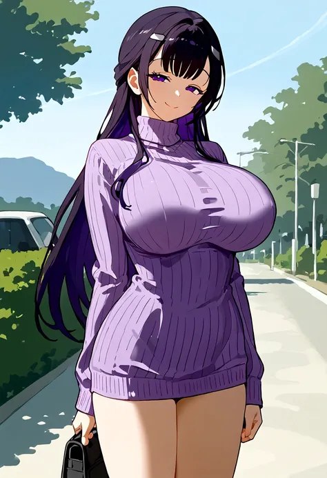  source_anime BREAK 1girl, mihara, purple eyes, black hair, purple hair, long hair, bangs, hair clip, turtleneck sweater, ribbed sweater, purple sweater, large breasts, standing, outdoors, smile, closed mouth, looking at viewer, half-closed eyes
INFO