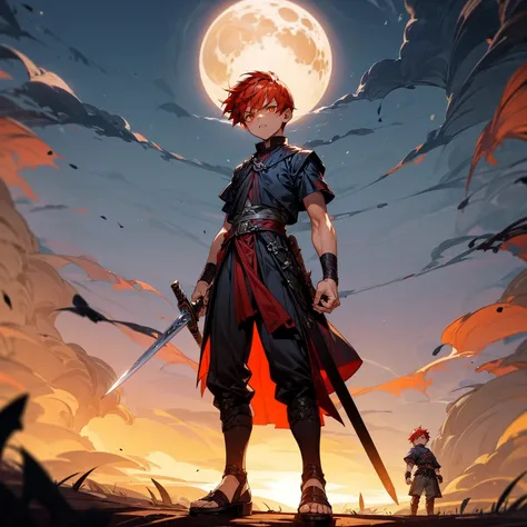 1little boy, little boy, Full body version, orange eyes, undercut hair, red colour hair, very angry expression, gladiator clothing, short sleeve shirt, gladiator skirt, vest, bodybelt, gladiator sandals, Spatha sword in hand, Grassroots background in war, ...