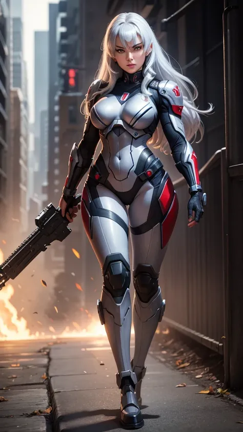 Megatron human woman in military outfit with silver hair and red eye 