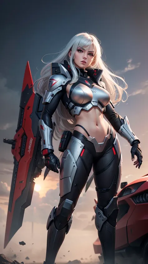 Megatron human woman in military outfit with silver hair and red eye 