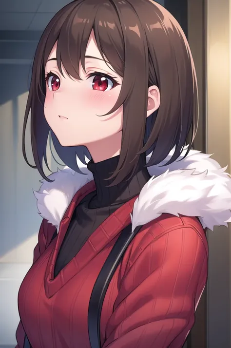 (masterpiece, best quality), charaSF, 1girl, solo, short hair, brown hair, red eyes, collar, black jacket, fur trim, red sweater, ribbed sweater, turtleneck, shoulder cutout, long sleeves, blush, portrait