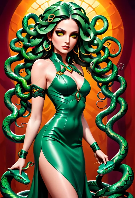 dark fantasy art a medusa having (snake twin braids: 1.5) a most beautiful medusa, reptilian eyes, pale skin, having twin snake ...