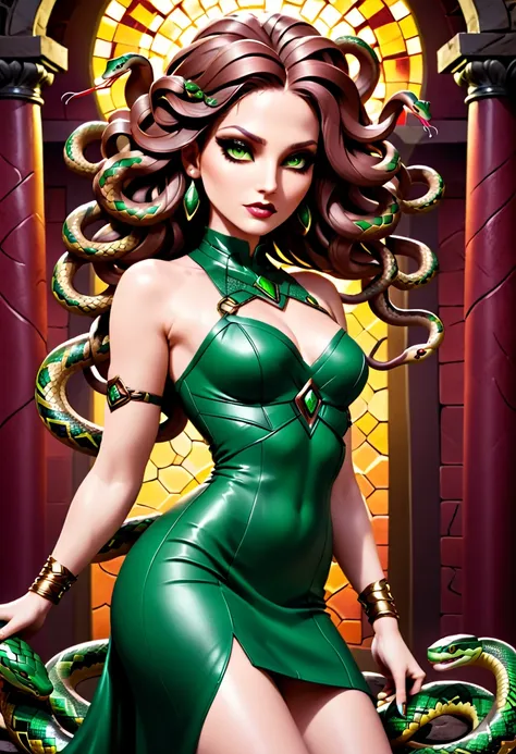 dark fantasy art a medusa having (snake twin braids: 1.5) a most beautiful medusa, reptilian eyes, pale skin, having twin snake ...