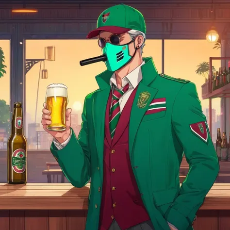 art drawing, to the mask, wearing fluminense clothes, drinking beer, gun in hand, cartoon-like, chave visual, vibrant, studio an...