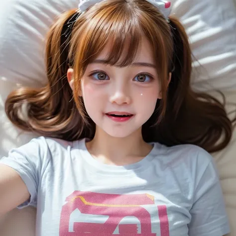 Bright Red in White, (Masterpiece 8K TopQuality:1.2) (ProfessionalPhoto:1.37) PUNIPUNI ExtremelyDetailed (((a KAWAII girl in "Super Bitch" T-shirt:1.4))) (Lying on back from DirectlyAbove)