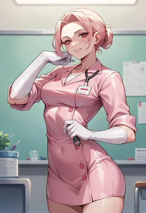 1girl, light hair, ((white elbow gloves)), ((surgical gloves)), ((latex gloves)), ((long sleeves)) ((pink surgeon outfit)), looking at viewer, ((pink doctor outfit)), doctor, standing, solo