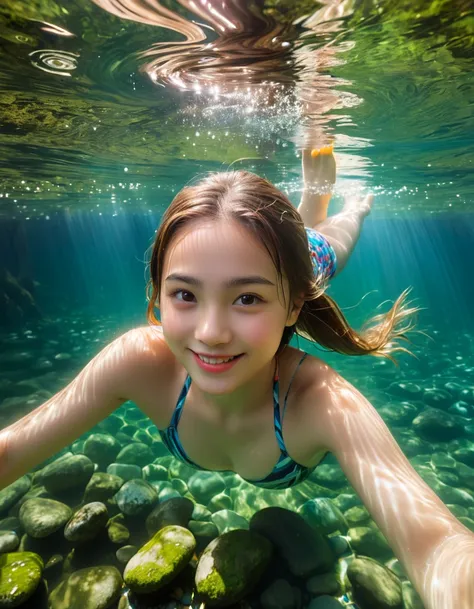 dynamic angle, (close up face), ultra detailed beautiful photograph, in a pristine spring in the forest, a girl is swimming joyf...