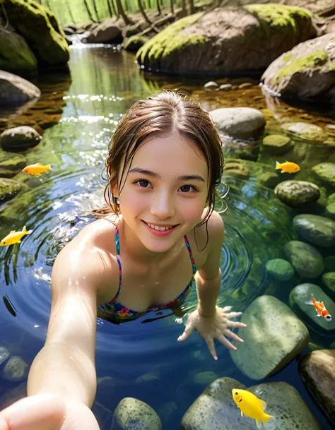 dynamic angle, (close up face), ultra detailed beautiful photograph, in a pristine spring in the forest, a girl is swimming joyf...