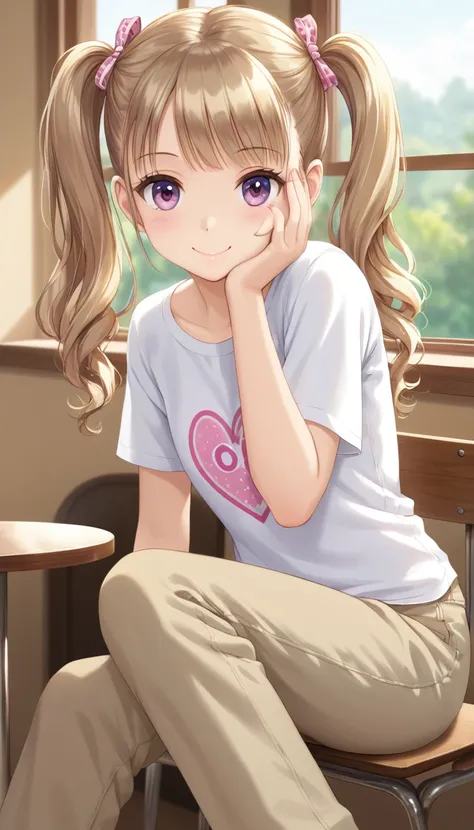 one is tied with two ponytails,cute little girl, short white t-shirt, khaki baggy pants, sitting by the window of the cafe, hold...