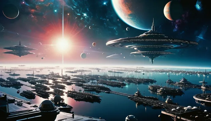 Cinematic, beyond outerspace , Stunning giant celestial spaceship harbor with docking bays of 1000 planets with several spaceship , nebula, nebula sunlight shining through misty atmosphere around one side of planet, high tech, sci-fi, advanced, glittering ...