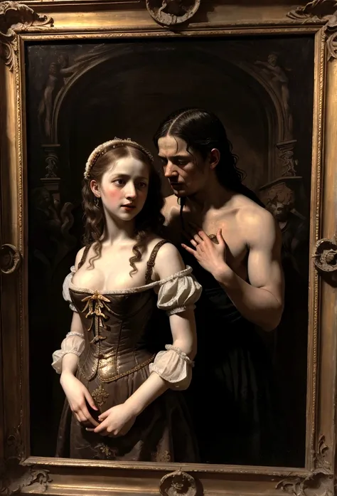 the romance of the angel and the devil, exhibitionism, masterpiece, 16th century painting, baroque painting, Renaissance painting, Rembrandt style lights and colors, dark backgrounds, antique painting effect, all the details, horror