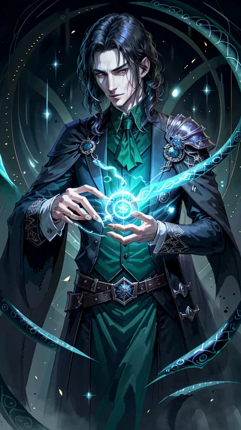 1 man, magic user, pale skin, shoulder length black hair, middle part hair, well dressed,male wizard, very handsome, hook nose, arrogant, smirking at viewer, interesting background, green magic flowing, blue magic circle, snakes, evil villian, dark fantasy...