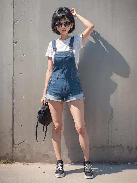  1girl, high quality face, arm up, black hair, denim, full body, overalls, photo (medium), shadow, shoes, short hair, shorts, solo, standing, sunglasses, wall, 8k , masterpiece, high quality