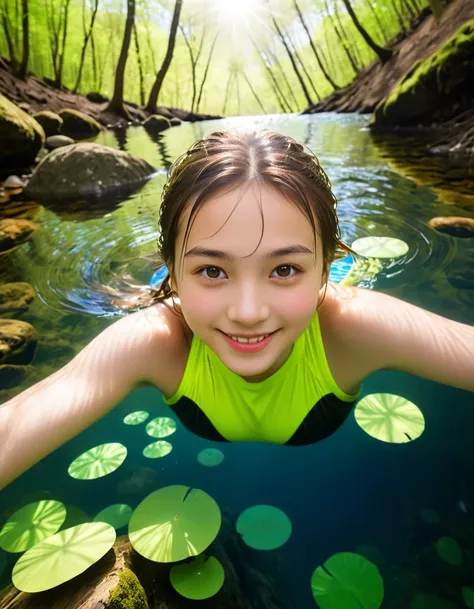 dynamic angle, (close up face), ultra detailed beautiful photograph, in a pristine spring in the forest, a girl is swimming joyf...