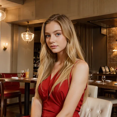 long hair, blonde, 20 year old, blue eyes, delicate face, fashionable, restaurant, red dress