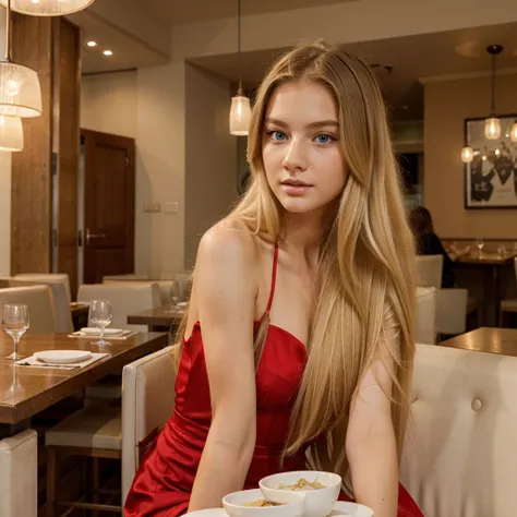 long hair, blonde, 20 year old, blue eyes, delicate face, fashionable, restaurant, red dress