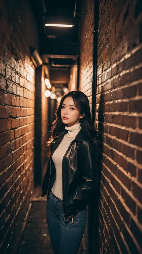 ((Best Quality, 8K, Masterpiece)), 1girl,  Long black and shiny hair, long necklace, Neon shirt, Torn leg pants, Open jacket, Open-collared turtleneck sweater, Against the wall, brick walls, dim murky lights, alley, looking at viewer