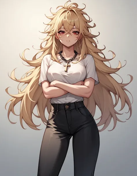 score_9, score_8_up, score_7_up, score_6_up, score_5_up, score_4_up, source_anime, 1girl, blonde hair,long hair, red eyes, w-w-chain, cross arms, messy hair, white shirt,pants,sexy boots dungeon, best quality, best res, 4K UHD,
 