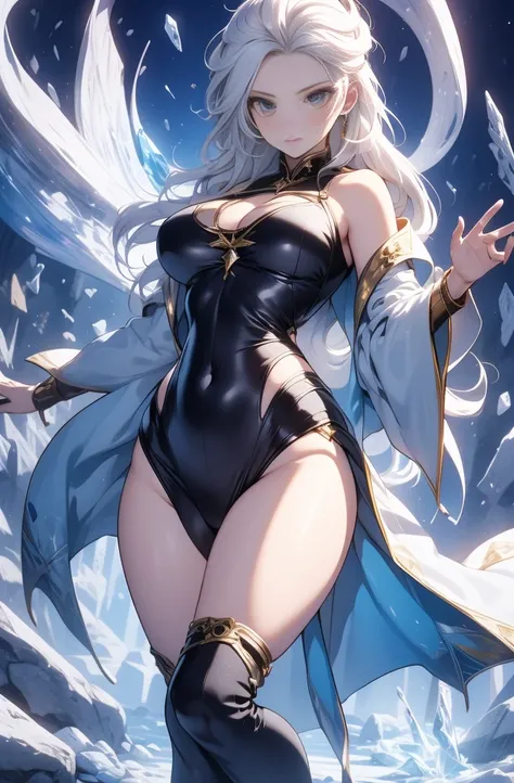 female, solo, young, sexy body, voluptuous figure, tightsuit, white hair, decolored blonde hair, ice effects around, ice queen, beautifull face, long hair, defined body, yellow and bright eyes, thick legs, strong legs, tall, Voluptuous legs, huge ass, big ...