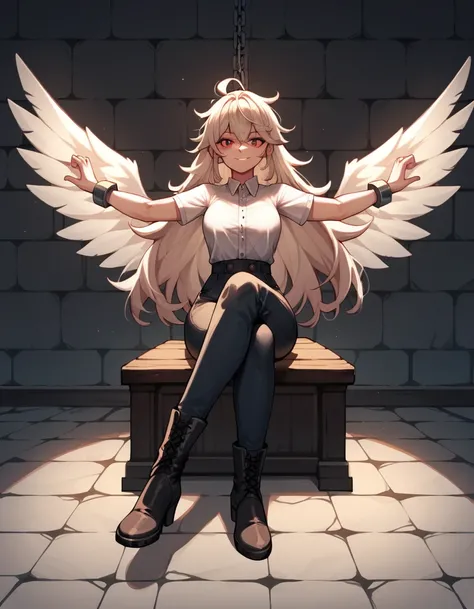 score_9, score_8_up, score_7_up, score_6_up, score_5_up, score_4_up, source_anime, 1girl, light hair,long hair, red eyes, w-w-chain,spread arms, messy hair, white shirt,pants,sexy boots, legs crossed,dungeon, best quality, best res, 4K UHD,
 