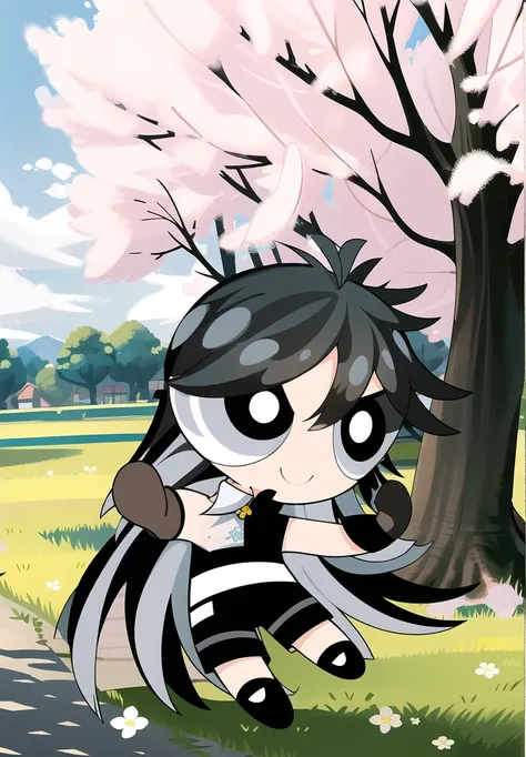 (long hair, gradient hair, black white hair), smile, chibi, 1girl,  black eyes, gloves, jewelry, shorts, black shorts, asymmetrical gloves, big blossom tree background,