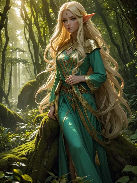 "Elf with a captivating look, unearthly beauty, flowing golden hair, pointed ears, dressed in elaborate elven attire, surrounded by a mystical forest, soft sunlight, breaking through lush greenery."