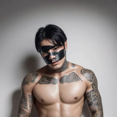 Create a completely naked guy with his face covered by bandages with straight and muscular black hair with tattoos on his chest lying down and sweaty 