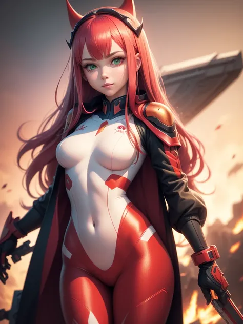 Highly detailed background, masterpiece, Highest quality, One girl, alone, ((masterpiece, Highest quality)),Best aesthetics, Zero Two (Darling in the Franxx), Darling in the Franxx, bangs, bite, blush, Covered navel, eye shadow, Green Eyes, Hair on the bac...