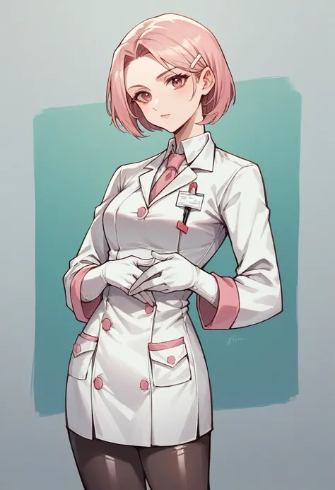 1girl, light hair, ((white elbow gloves)), ((surgical gloves)), ((latex gloves)), ((long sleeves)) ((pink surgeon outfit)), looking at viewer, ((doctor)), standing, solo