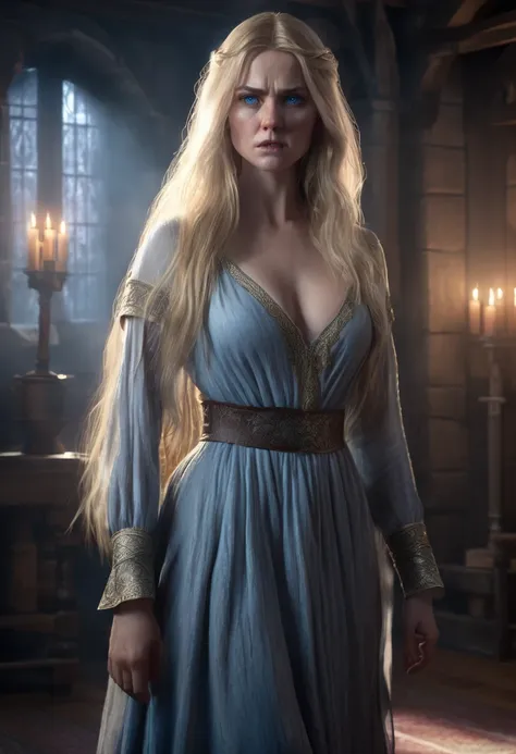 1 woman, medieval bedroom background, wearing sensual dress with low neckline, detailed facial features, beautiful blue eyes, detailed light colored skin, detailed long blonde hair, angry expression, dramatic lighting, cinematic composition, cold and dark ...