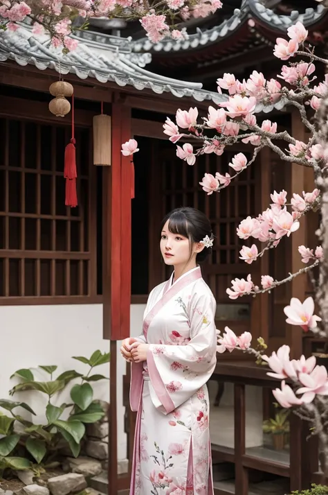 vernal equinox,magnolia flower,swallow,traditional chinese architecture,woman standing next to Hanfu flower,scenery of people,takato yamamoto