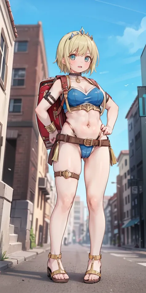 full body, whole body. 1solo (girl). slave fighter, loincloth standing, hands on hips, metal sandals, backpack, choker, big belt, view from below, feet together, bracers, tiara
