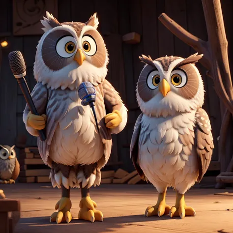 owl holding a microphone and giving speeches to other animals nearby