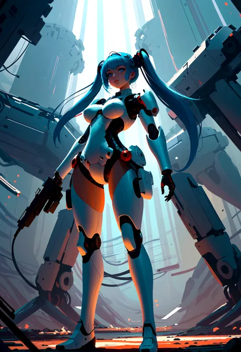 Science Fiction,girl, long_twintails, Robotic Arm, Technological military uniforms,blue eyes, Raise your arms, War Background