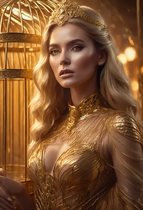 1 woman, inside a golden cage, wearing elegant gold, detailed facial features, beautiful golden eyes, detailed golden colored skin, long golden detailed hair, strong expression, dramatic lighting, cinematic composition, warm color palette, atmospheric fog ...