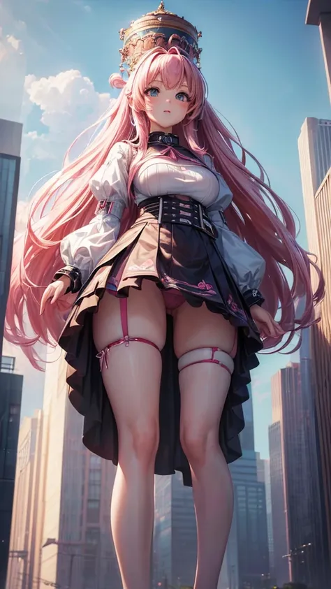 (masterpiece, highest quality, ultra high res, ultra detailed:1.3), 1 (gigant) girl, pink medium hair, small breast, (15m tall:1.7), from below, mini skirt, panties visible, outdoors, miniature city, 