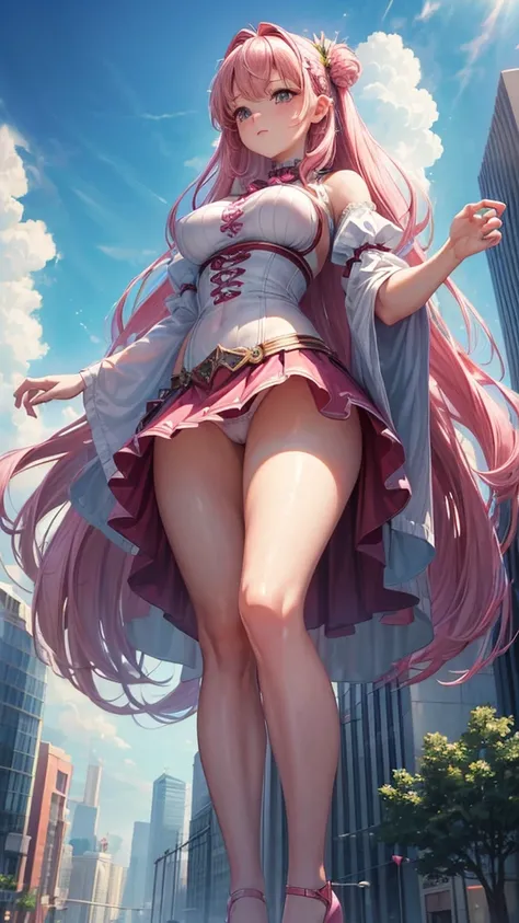 (masterpiece, highest quality, ultra high res, ultra detailed:1.3), 1 (gigant) girl, pink medium hair, small breast, (15m tall:1.7), from below, mini skirt, panties visible, outdoors, miniature city, 