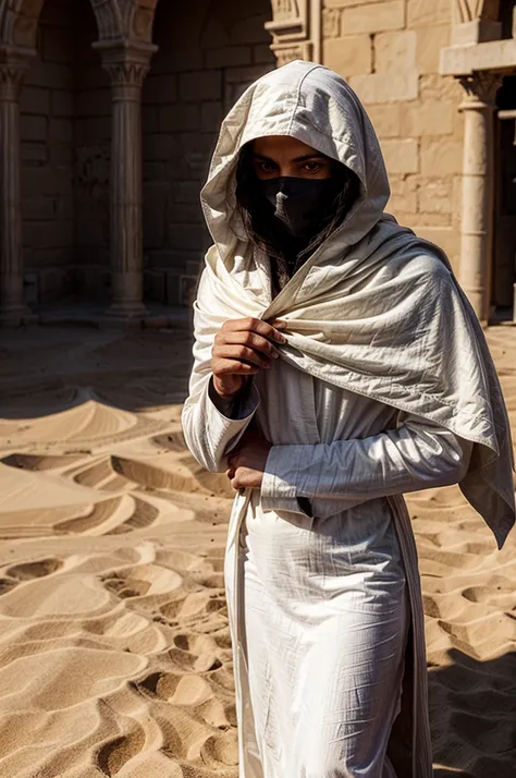 Illustration of an assassin against the background of sands in a white robe, with a covered face and with a touch of mysticism