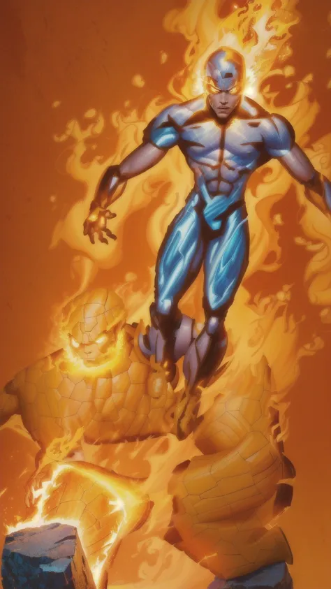 master piece, 8k detail, a cartoon of Marvel comic book characters The Thing and The Human Torch. The Thing is an orange rock man in a blue shorts, positing on rock super hero pose, from the thing, high detail iconic character, posing for a fight intricate...