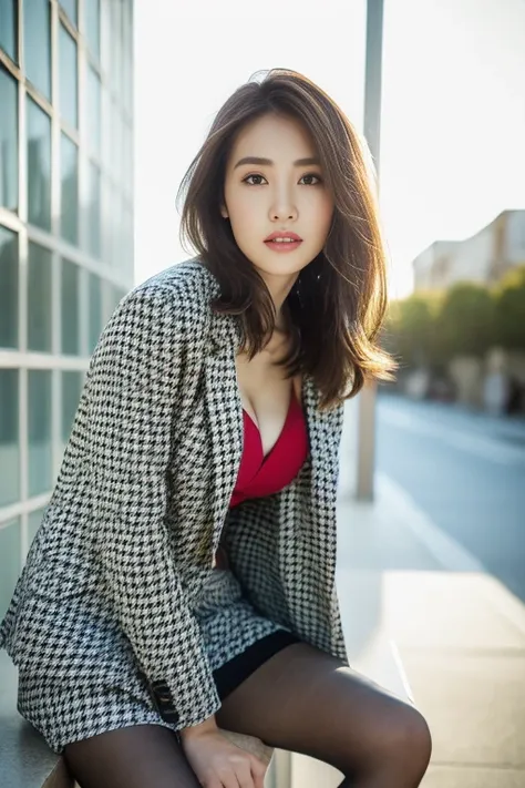 (Highest quality、Ultra-high resolution、masterpiece、8K、Realistic raw photo)、(Delicate face、Detailed eyes and face、Watery eyes、double eyelid、Glossy lips), ((1 girl)) 、Very beautiful woman、Slender、Slim Big、Sharp long legs、Alluring and sexy、(Houndstooth blazer...