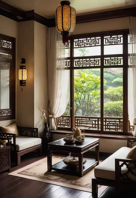 A serene and inviting corner of a traditional Asian living room, viewed from a large window with dark wooden frames. The room is bathed in soft, natural light filtering through sheer curtains, highlighting the intricate tile flooring and elegant wooden fur...