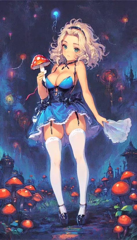 a beautiful 20 year old blonde woman with big messy hair in a blue dress, white stockings, black headband, cleavage, holding a glowing mushroom, fantasy art style, rossdraws cartoon vibrant, alice in wonderland cyberpunk, cute detailed digital art, colorfu...