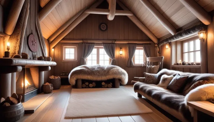 cozy interior viking house in Norway, with fireplace to the right, and a big window in the center highly detailed, realistic, warm lighting, rustic wood, furs, interior architecture, Nordic design