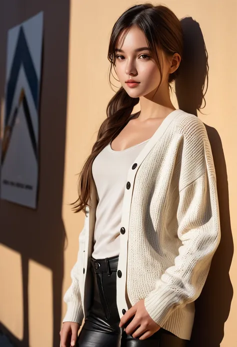 masterpiece, best quality, Ultra-high resolution (Reality: 1.4), original photo, 35mm lens, Aperture F1.4, poster, Light and Shadow, A girl, long_twintails, Wearing a white cardigan, Genuine Leather, (Skin details: 1.3),