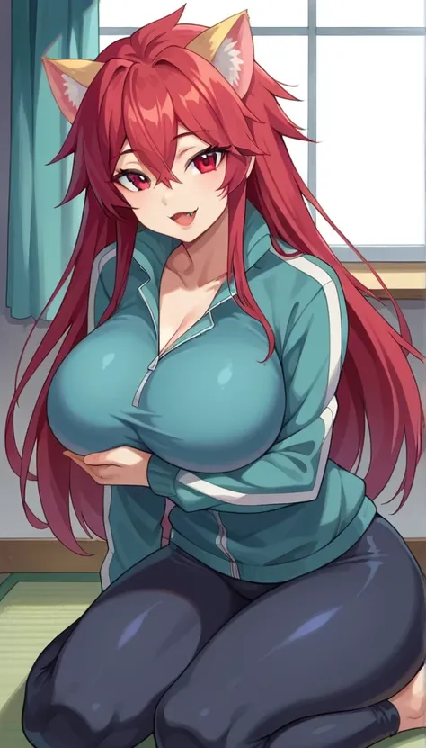 score_9, score_8_up, score_7_up, source_anime, 1girl, solo, nsfw allowed,
mari setagaya, human-form, 1girl, solo, long hair, looking at viewer, smile, tight shirt barely can hold breasts, red eyes, red hair, fang,
track jacket, indoors, full body, very hug...