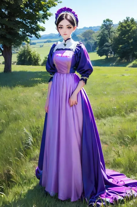 woman in a purple dress standing in a field of tall grass, a photo by Armin Baumgarten, flickr, renaissance, black and violet costume, traditional costume, beautiful costume, costume with blue accents, very detailed and rich clothing, peasant dress, victor...